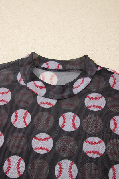 Football Print Mesh Mock Neck Game Day Long Sleeve Top