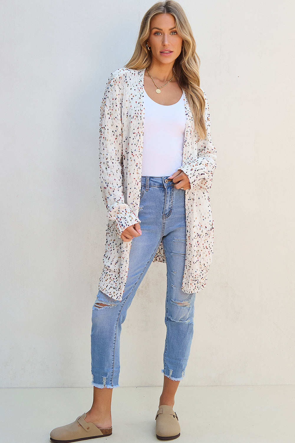 White Confetti Rib Knit Long Sleeve Cardigan