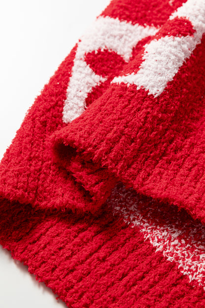 Red Checkered Heart Flower V Neck Knit Sweater for Women