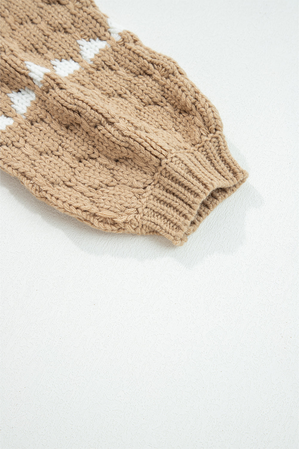 Khaki Textured Knit Sweater Puff Sleeve Loose Fit Pullover