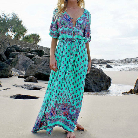 Boho Floral Maxi Dress V-Neck Tie Waist Beach Dress