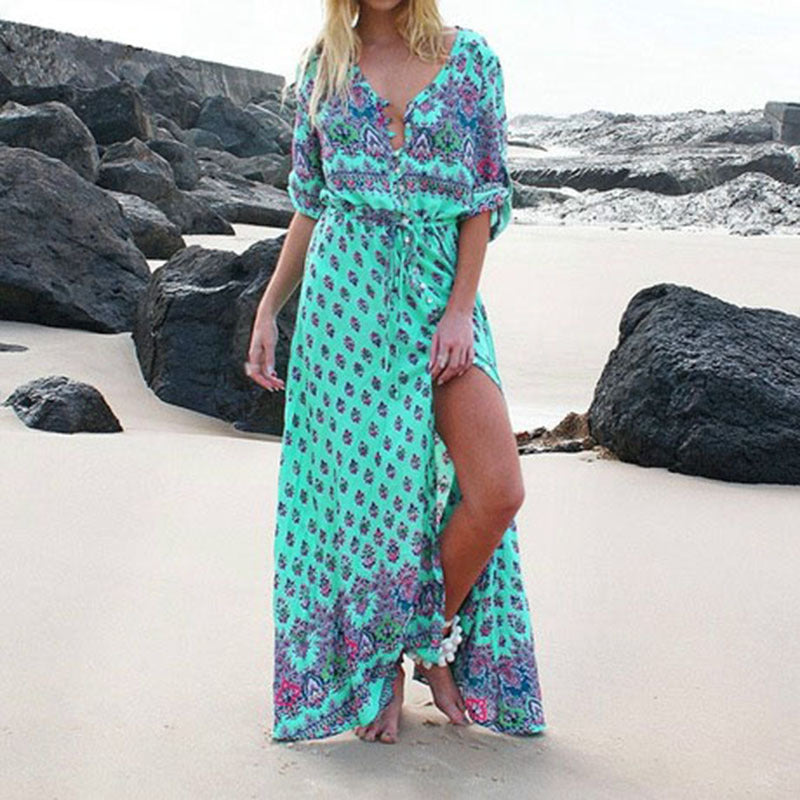 Boho Floral Maxi Dress V-Neck Tie Waist Beach Dress