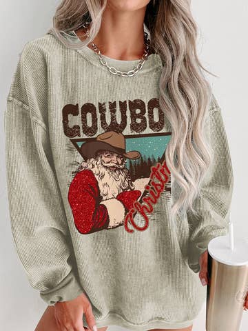 Cowboy Christmas Santa Graphic Corded Knit Sweatshirt