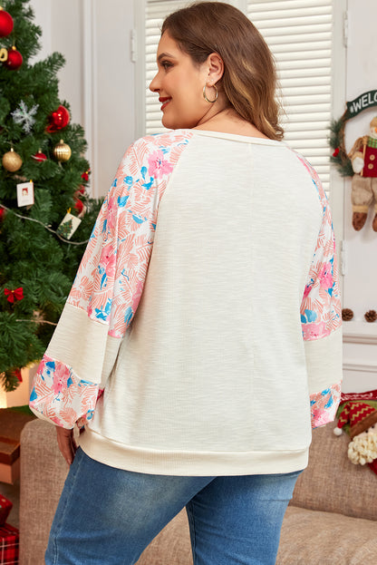 Apricot Plus Size Floral Patchwork Ribbed Puff Sleeve Top