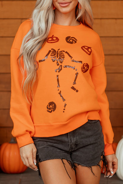 Sequin Skeleton Pumpkin Halloween Crewneck Sweatshirt