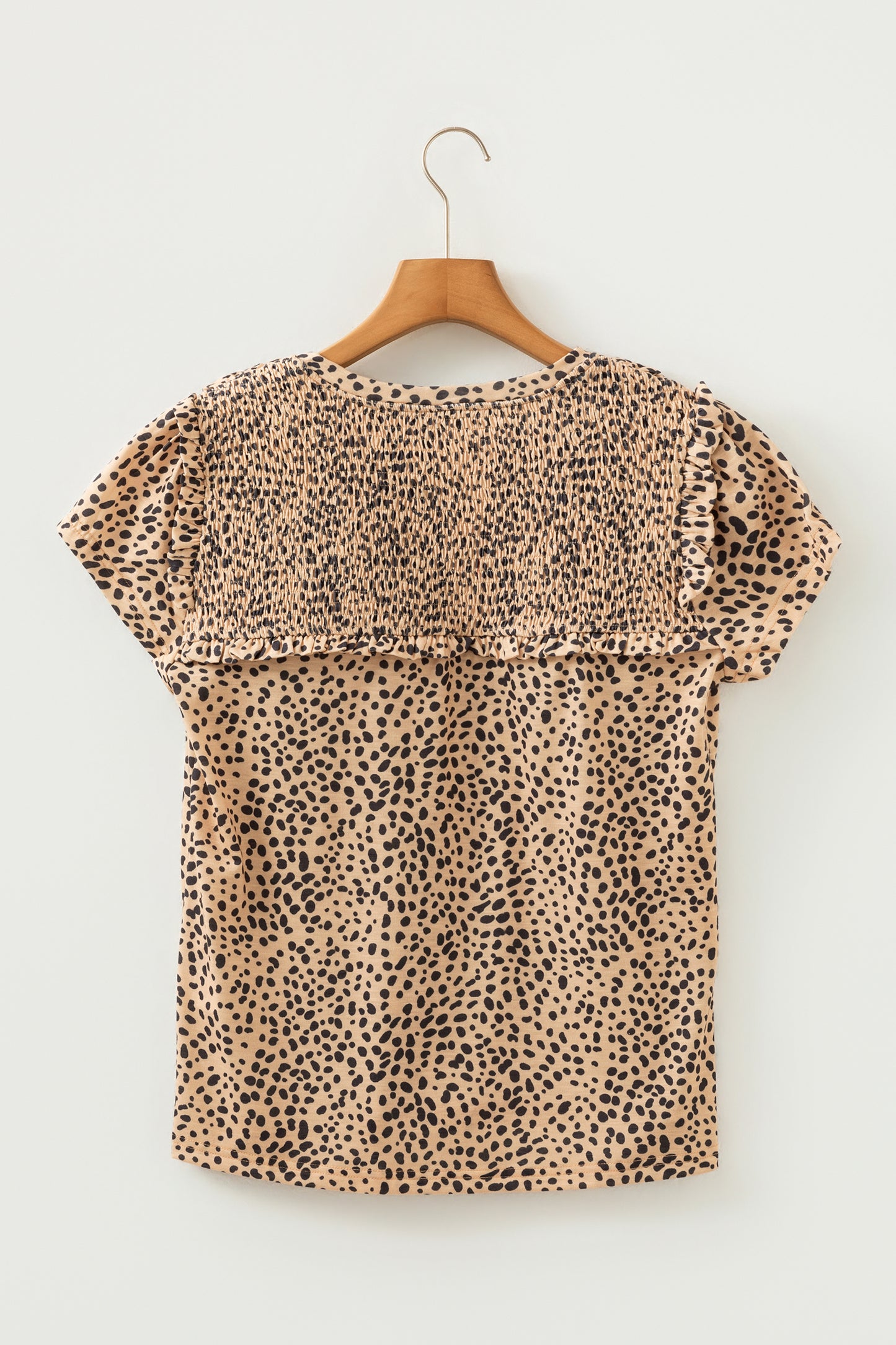 Apricot Cheetah Print Ruffle V Neck Short Sleeve Blouse