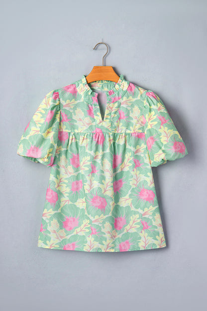 Floral Print Bubble Sleeve Loose Fit Summer Blouse