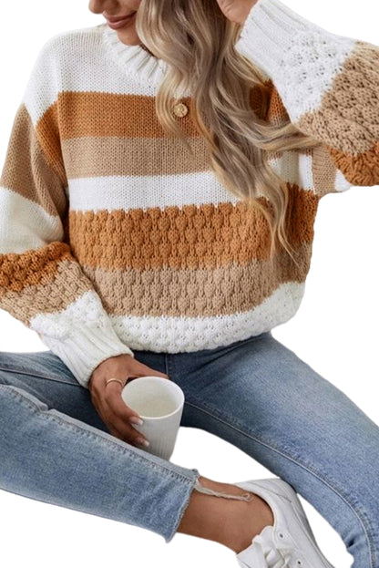 Chestnut Striped Cable Knit Drop Shoulder Sweater