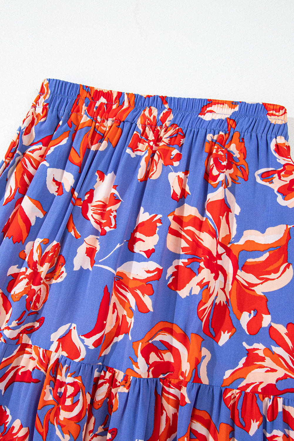 Blue Bohemian Floral Print Tiered Maxi Skirt with Split
