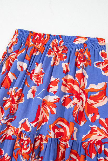 Blue Bohemian Floral Print Tiered Maxi Skirt with Split
