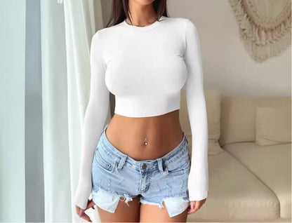 Women's Y2K Sexy Long Sleeve Crop Top Fitted Basic Tee