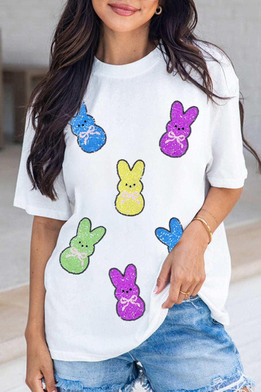 Easter Colorful Sequin Bunny Graphic White Casual Tee