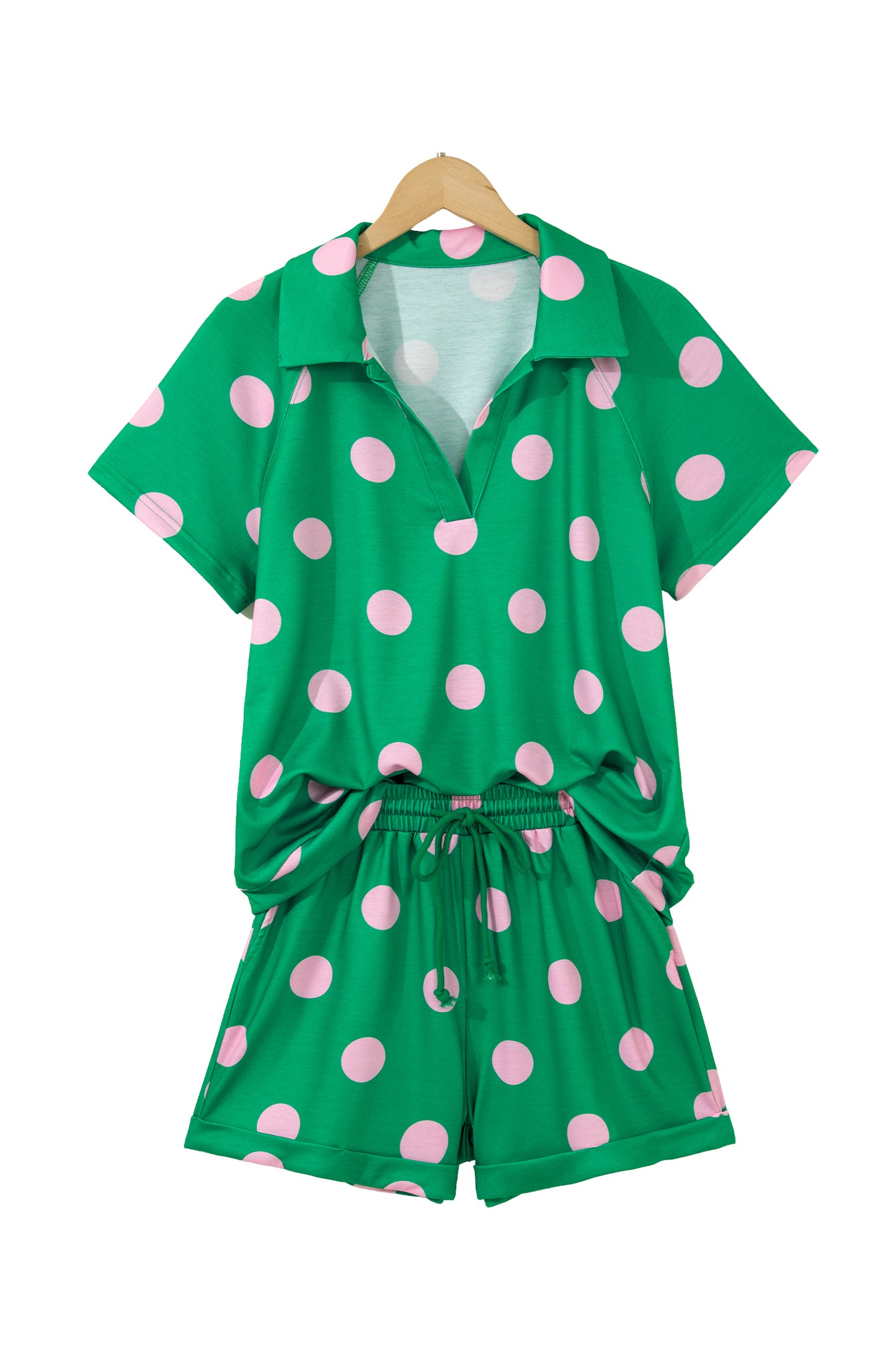 Green Polka Dot Lounge Set V Neck Tee and Shorts