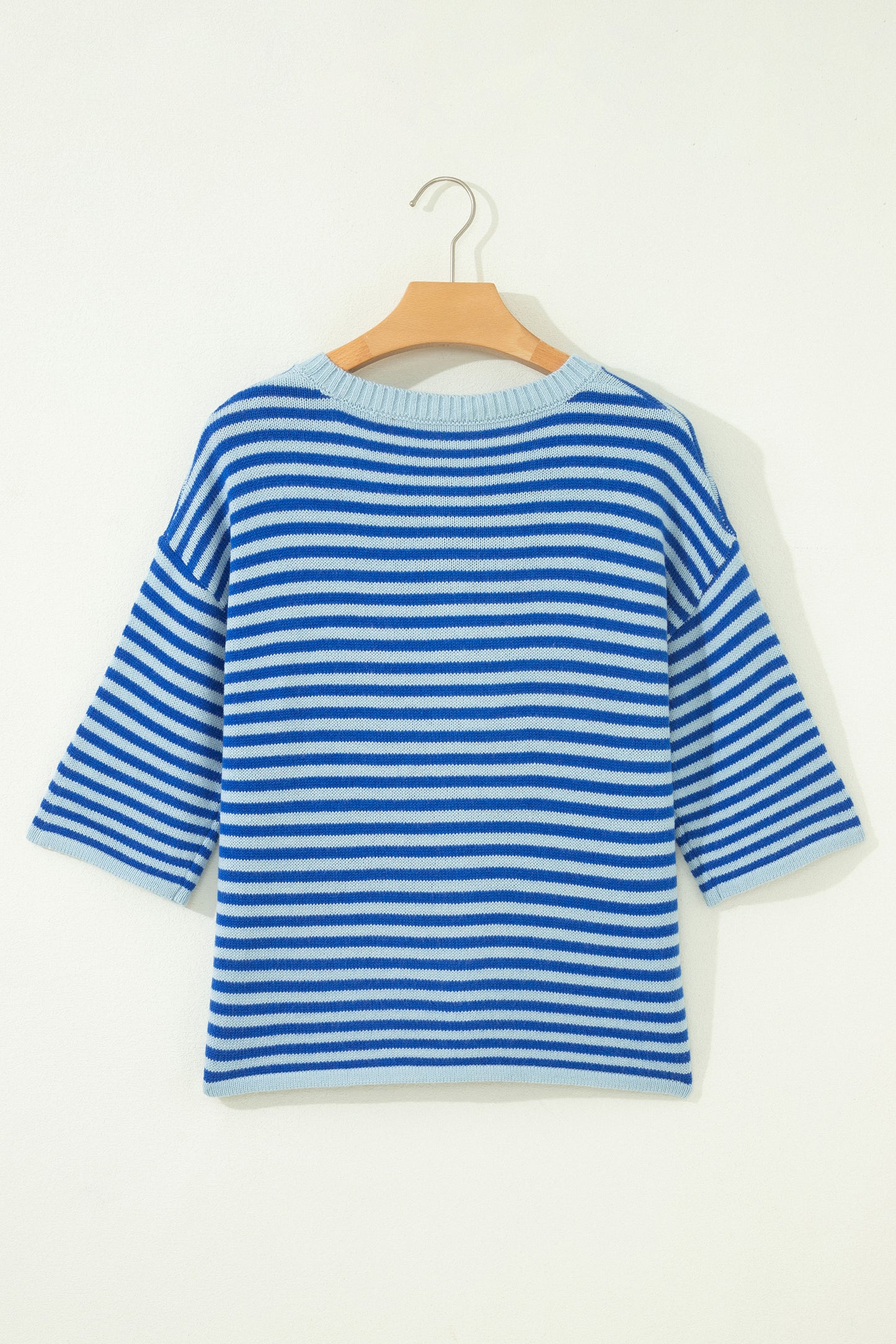 Blue Stripe Knit Cardigan Half Sleeve Button Front Sweater