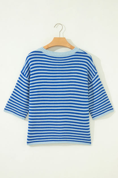 Blue Stripe Knit Cardigan Half Sleeve Button Front Sweater