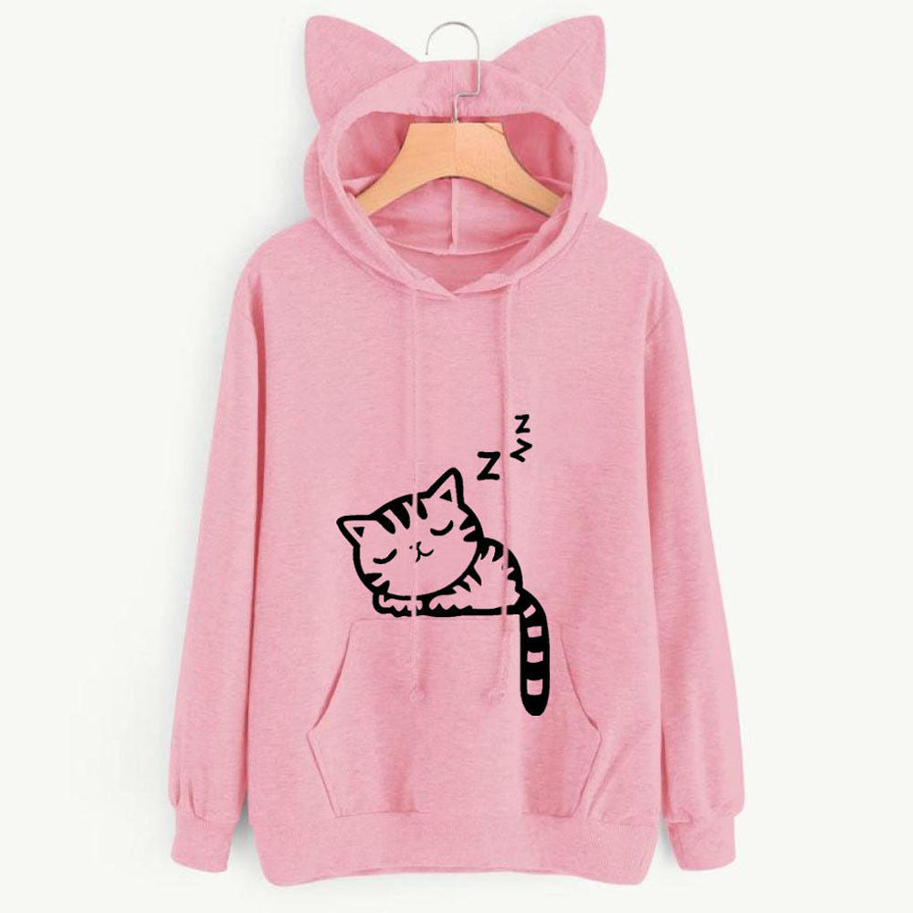 Womens Cat Ear Hoodie Oversized Graphic Pullover Sweatshirt