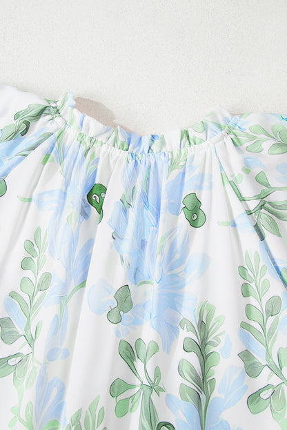 Sky Blue Floral Ruffle Sleeve Tie Neck Mini Dress