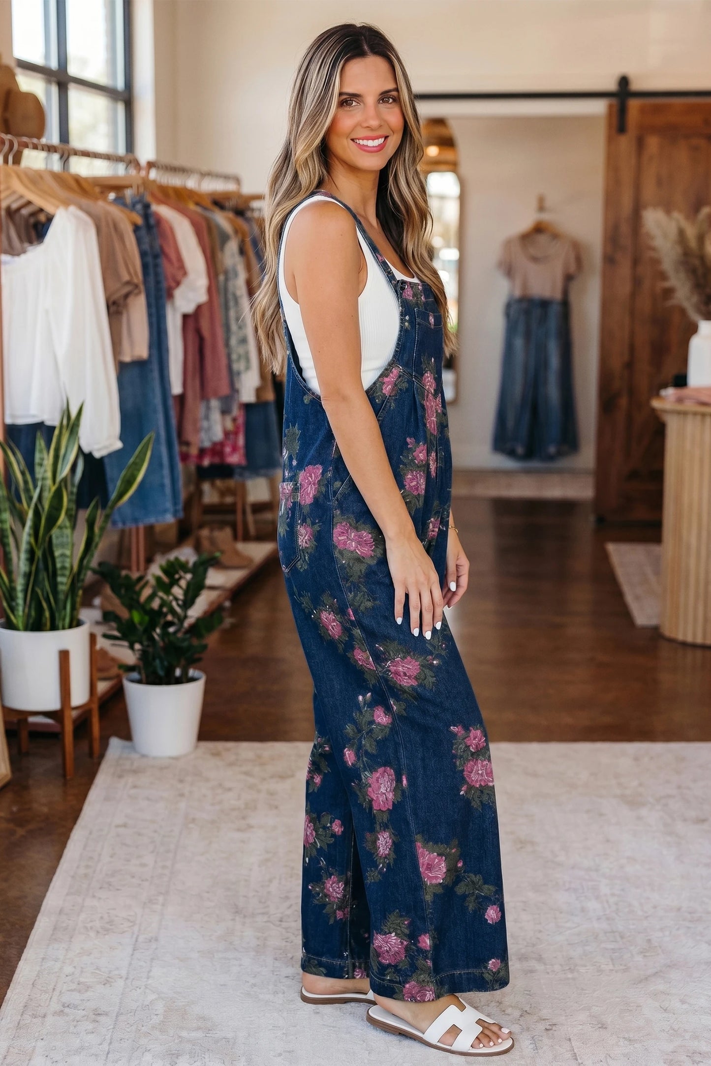 Women’s Blue Floral Wide Leg Denim Jumpsuit Adjustable Straps