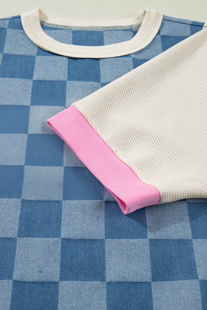 Blue Checkerboard Patchwork Short Sleeve Loose Fit Top