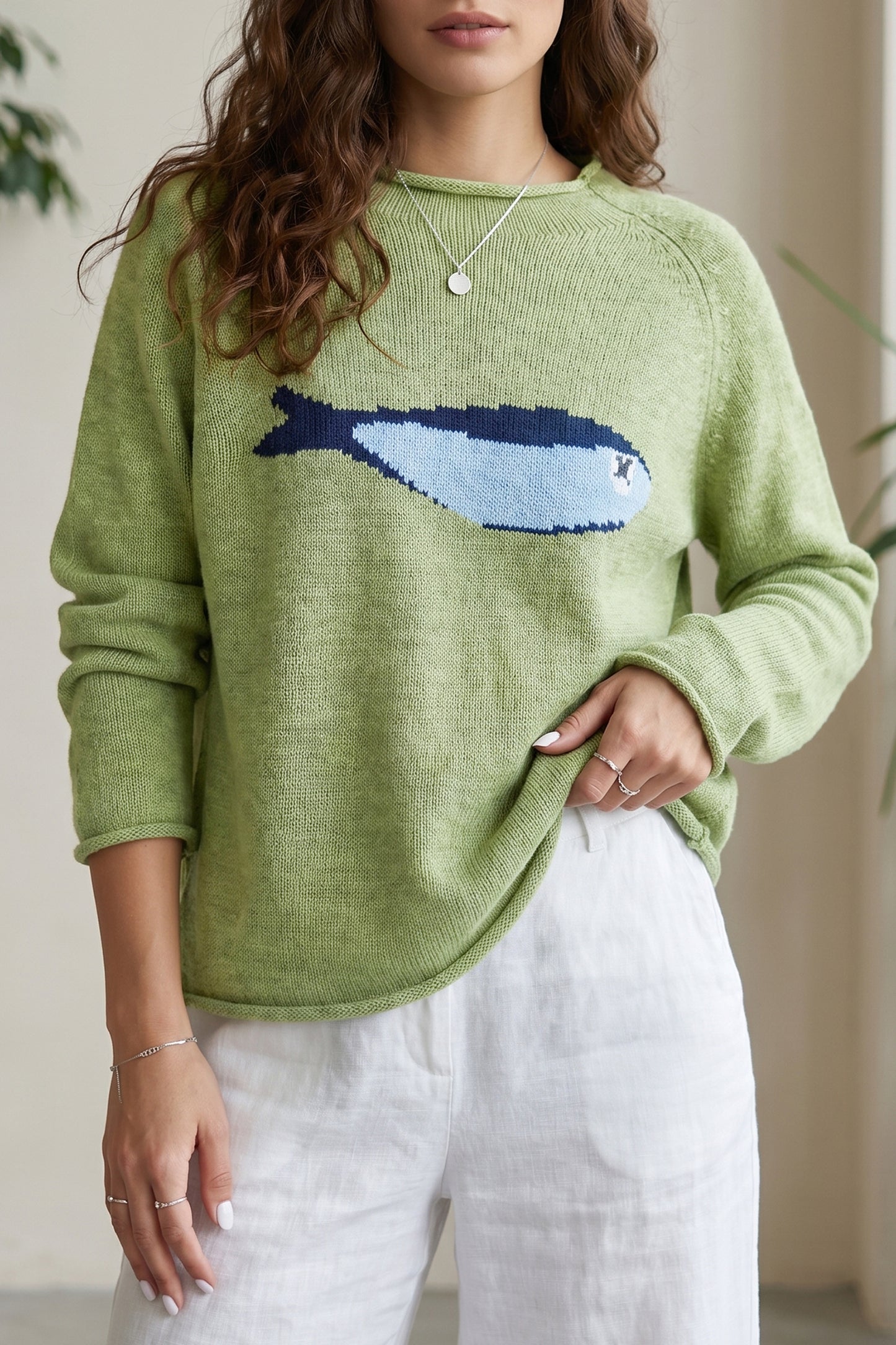 Meadow Mist Green Fish Graphic Oversized Knit Sweater