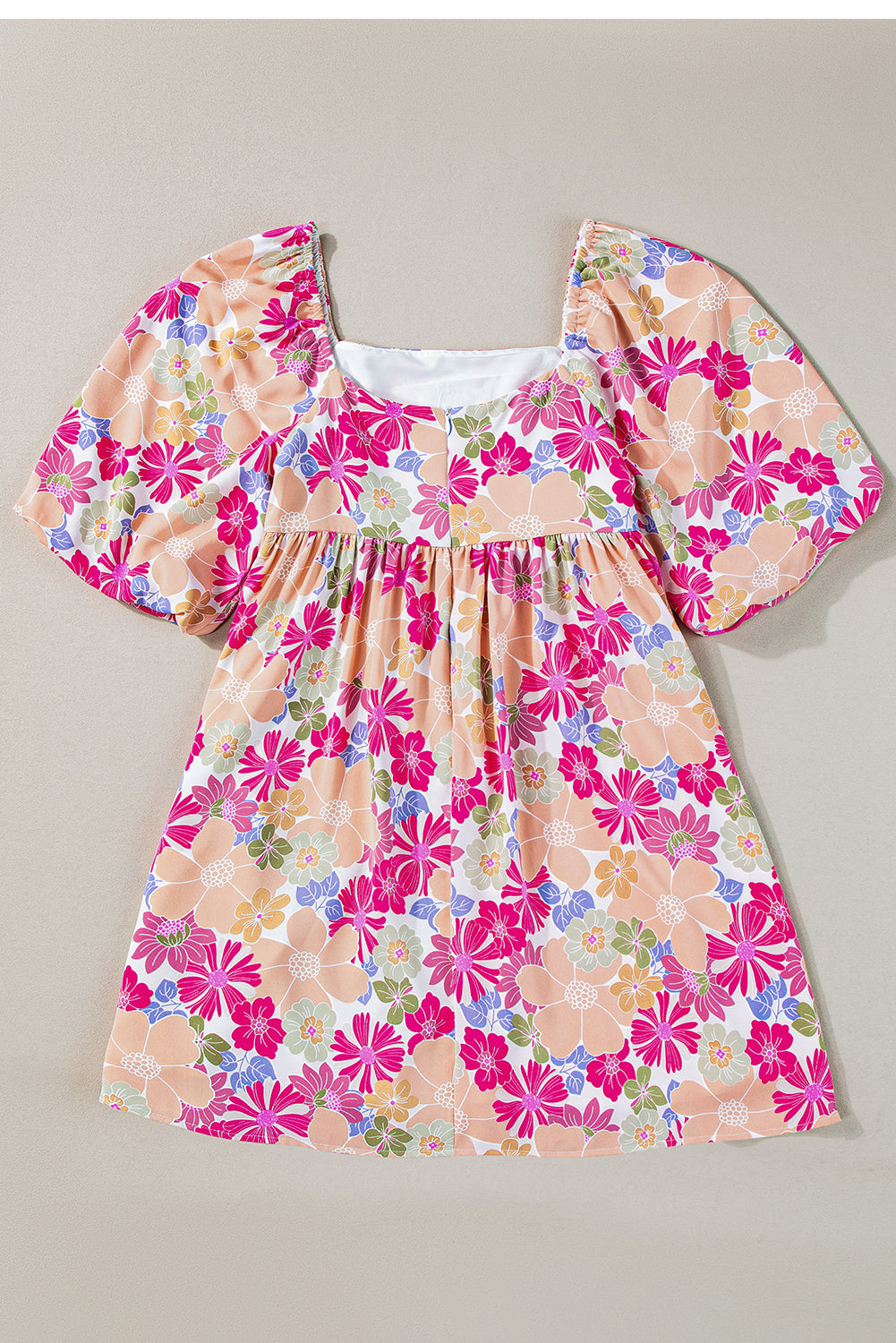 Pink Floral Square Neck Puff Sleeve Babydoll Dress