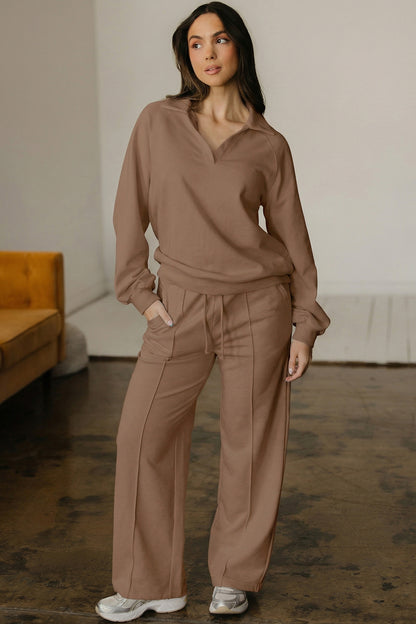 Light Grey Polo Collar Pullover & Drawstring Sweatpants Set