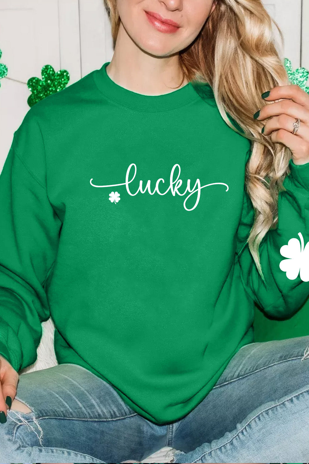 Green Lucky Clover Script St Patrick’s Drop Shoulder Sweatshirt