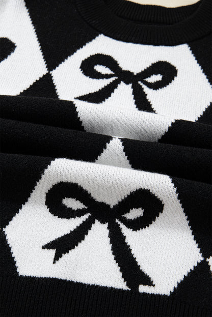 Black White Bow Argyle Knit Oversized Sweater
