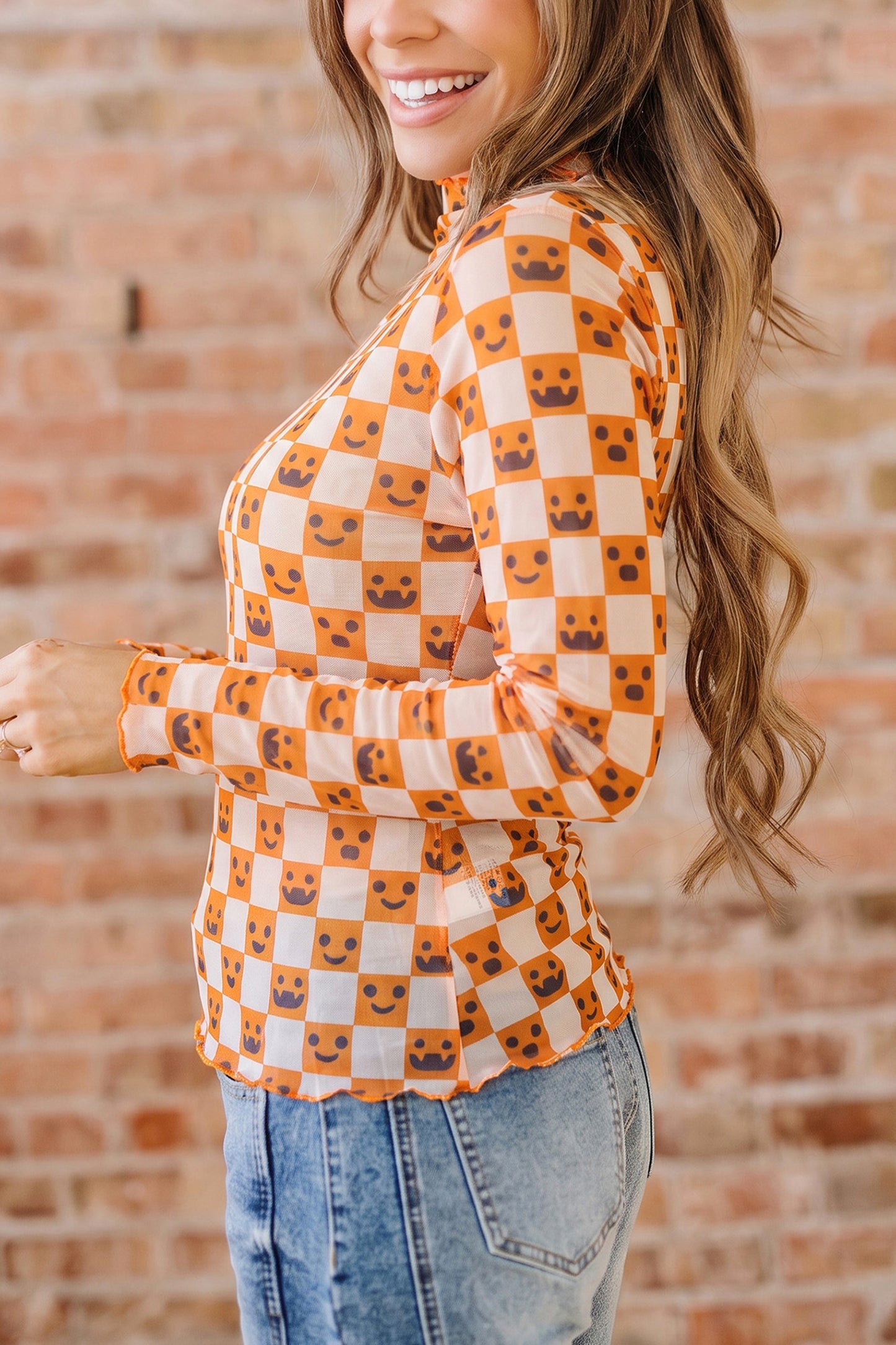 Halloween Checkerboard Mesh Top Mock Neck Long Sleeve
