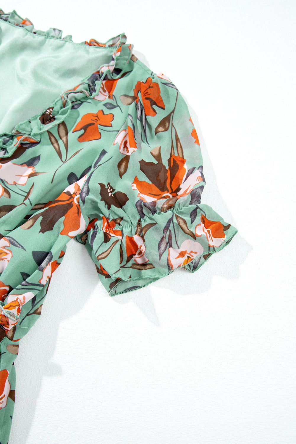 Sky Blue Floral V Neck Ruffle Short Sleeve Maxi Dress