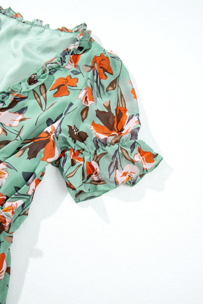 Sky Blue Floral V Neck Ruffle Short Sleeve Maxi Dress