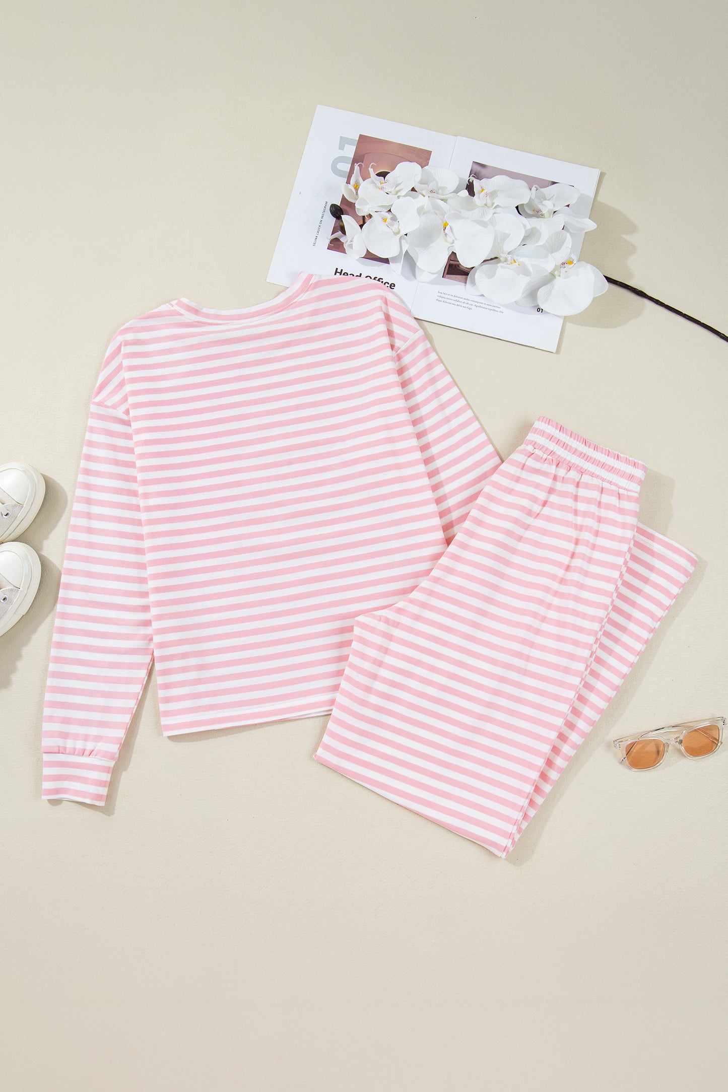 Striped Lounge Set Long Sleeve Top Wide Leg Pants
