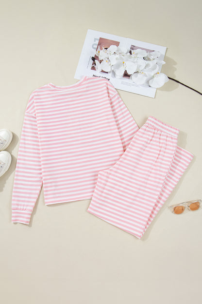 Striped Lounge Set Long Sleeve Top Wide Leg Pants