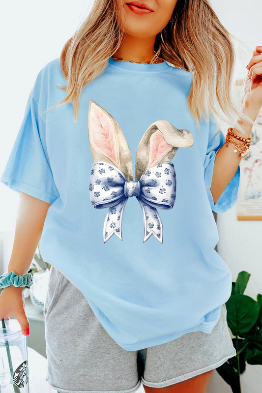 Easter Bunny Ears Bow Graphic Crewneck T Shirt