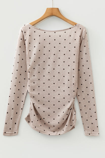 Dark Brown Polka Dot Boat Neck Long Sleeve Knit Top