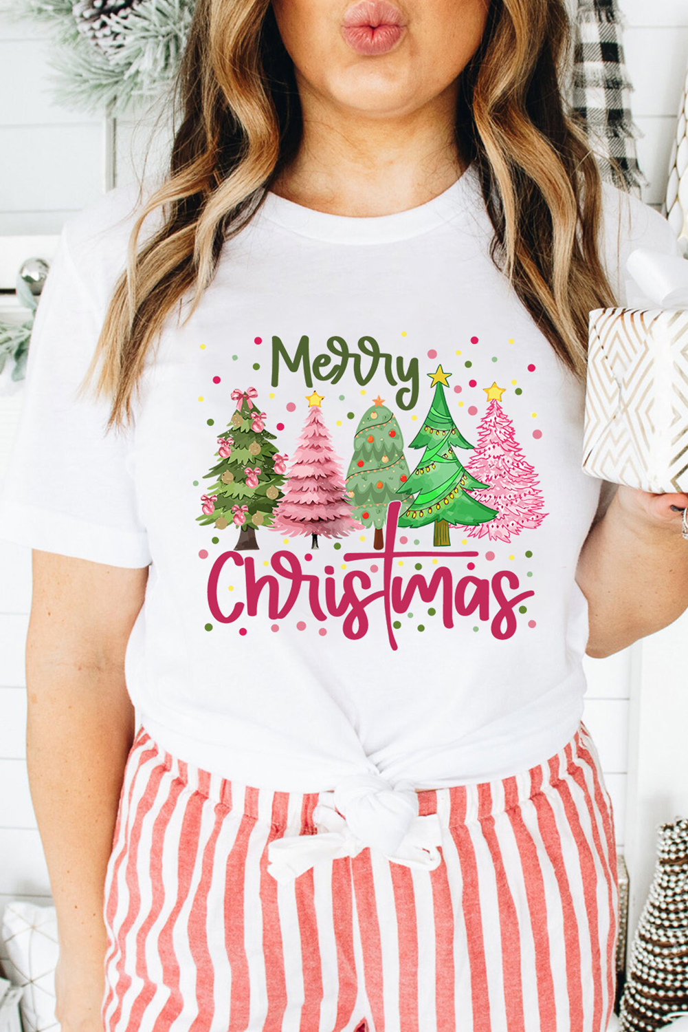 White Merry Christmas Trees Graphic Holiday Crewneck T Shirt