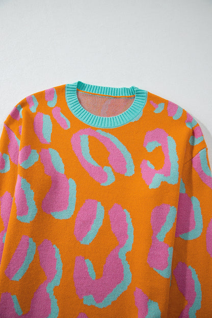 Orange Leopard Colorblock Ribbed Edge Sweater