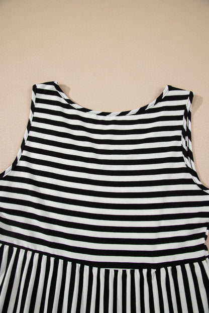 Black White Stripe U-Neck Sleeveless Loose Mini Dress