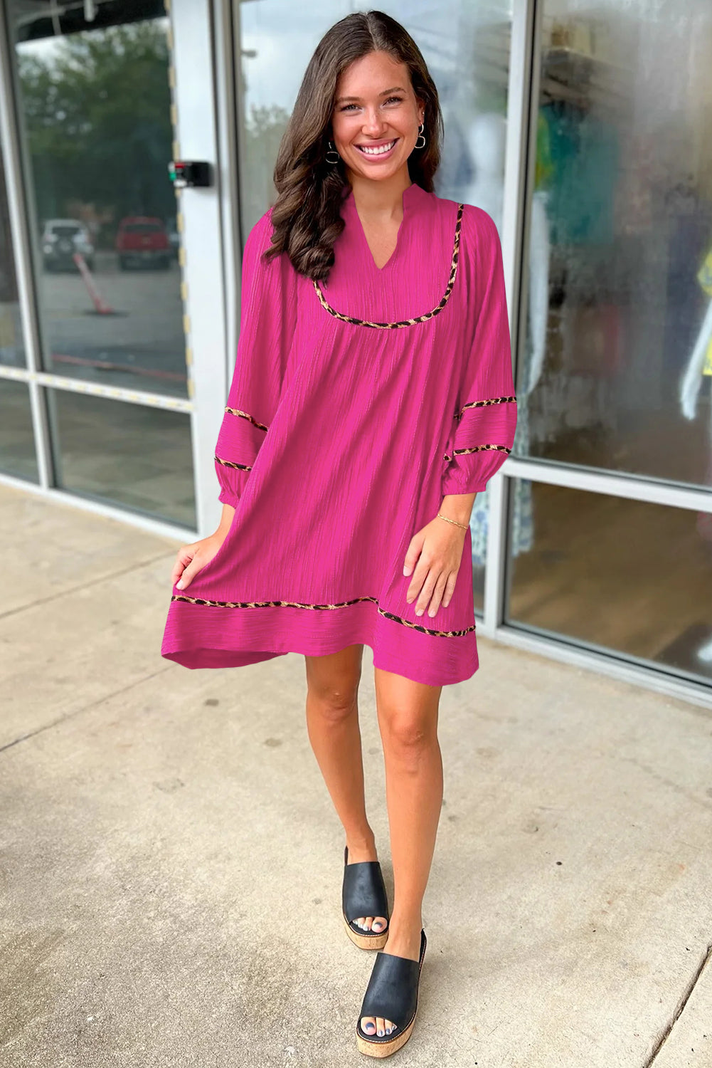 Black Textured V Neck Leopard Trim Shift Mini Dress