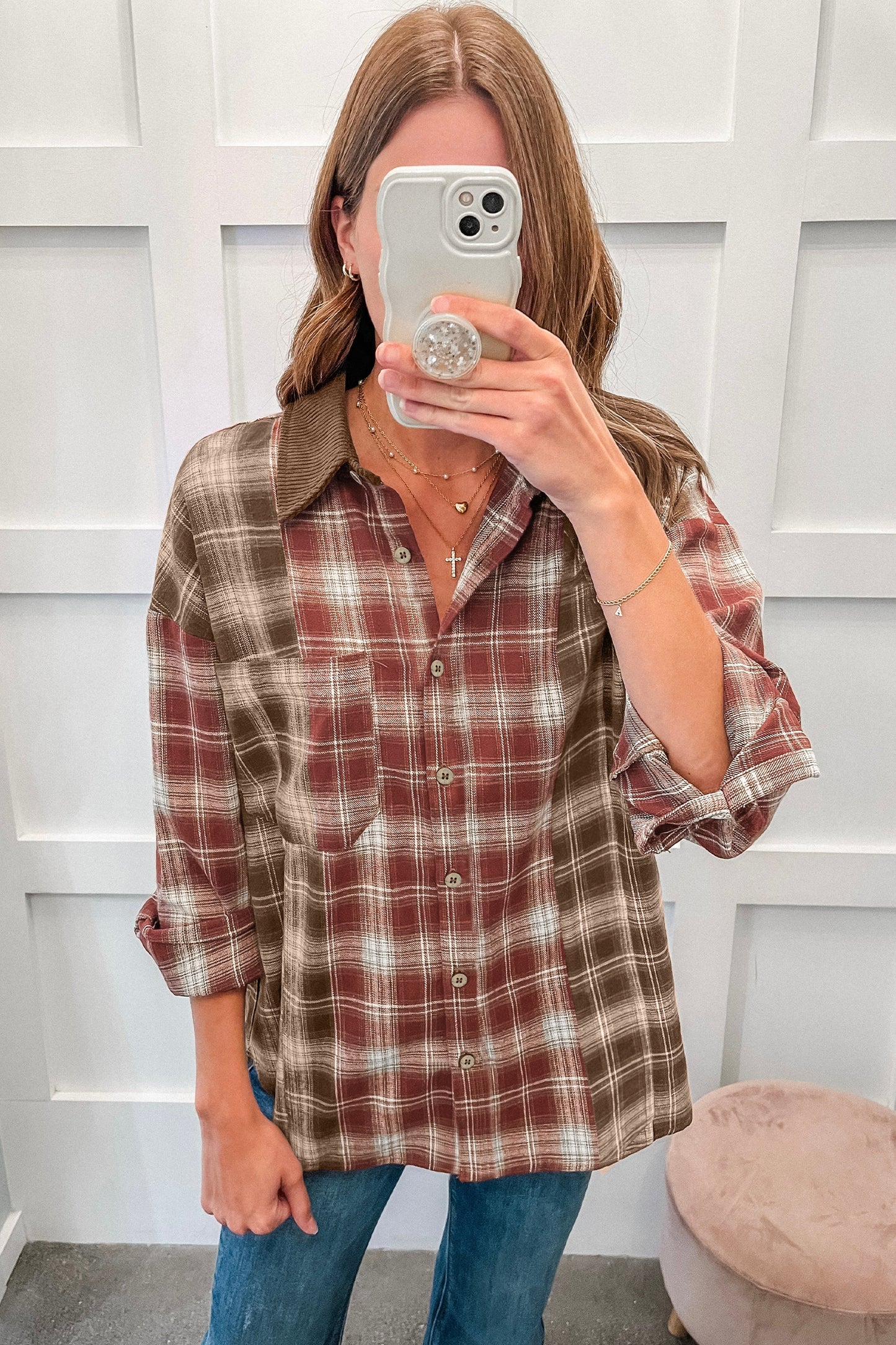 Color Block Plaid Button Down Oversized Flannel Shirt