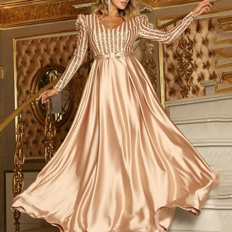 Deep V-Neck Long Sleeve Satin Lace Evening Gown