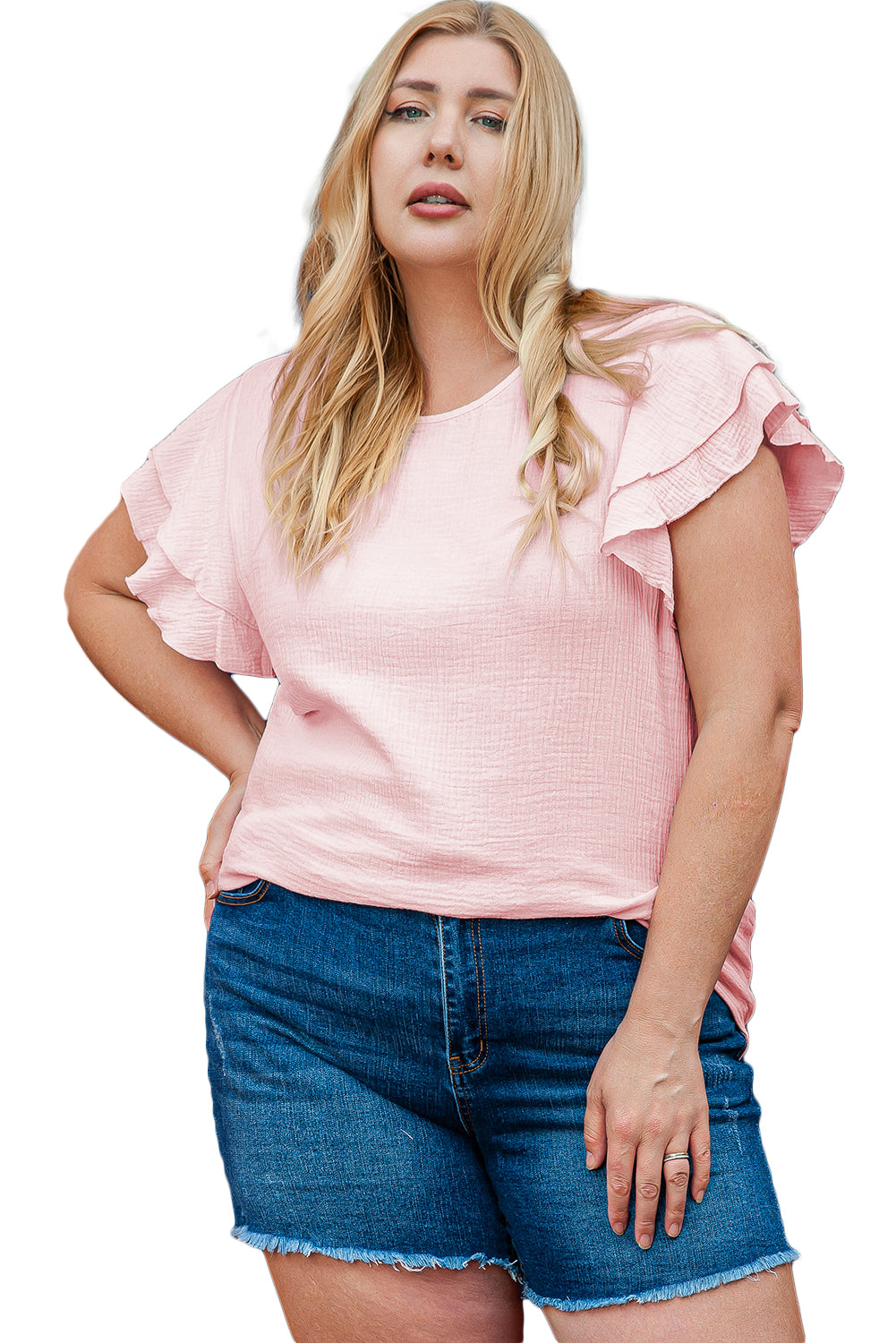 Light Pink Plus Size Crinkle Textured Ruffle Sleeve Top