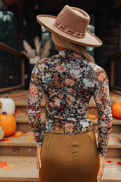 Brown Floral Mesh Mock Neck Long Sleeve Top