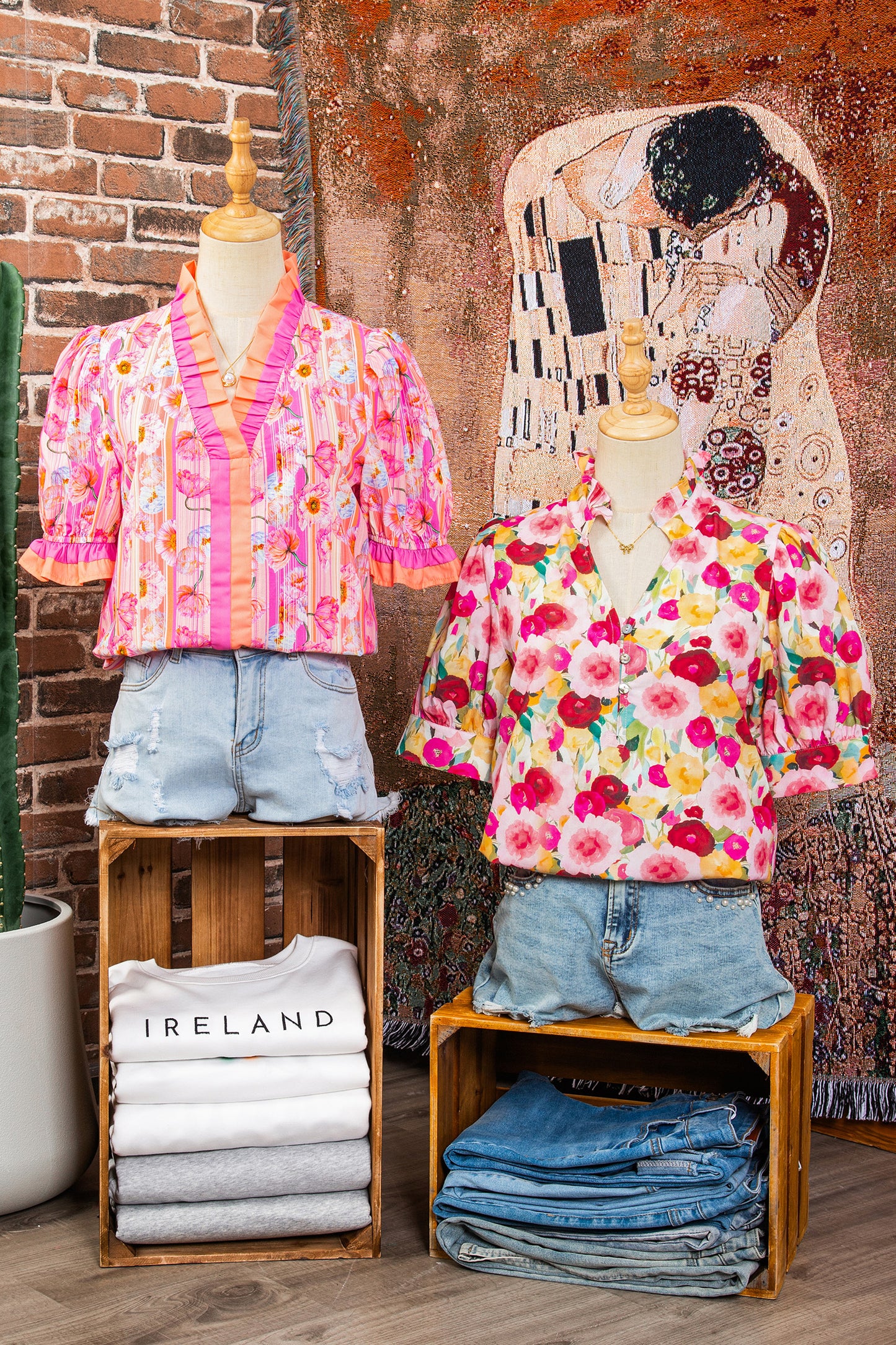 Pink Floral V Neck Puff Sleeve Blouse