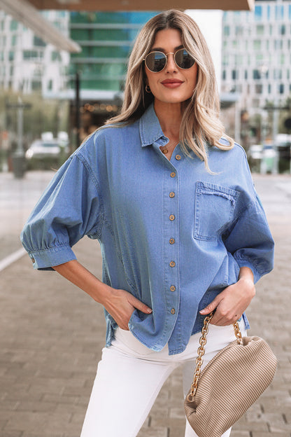 Washed Chambray Drop Shoulder Bracelet Sleeve Shirt