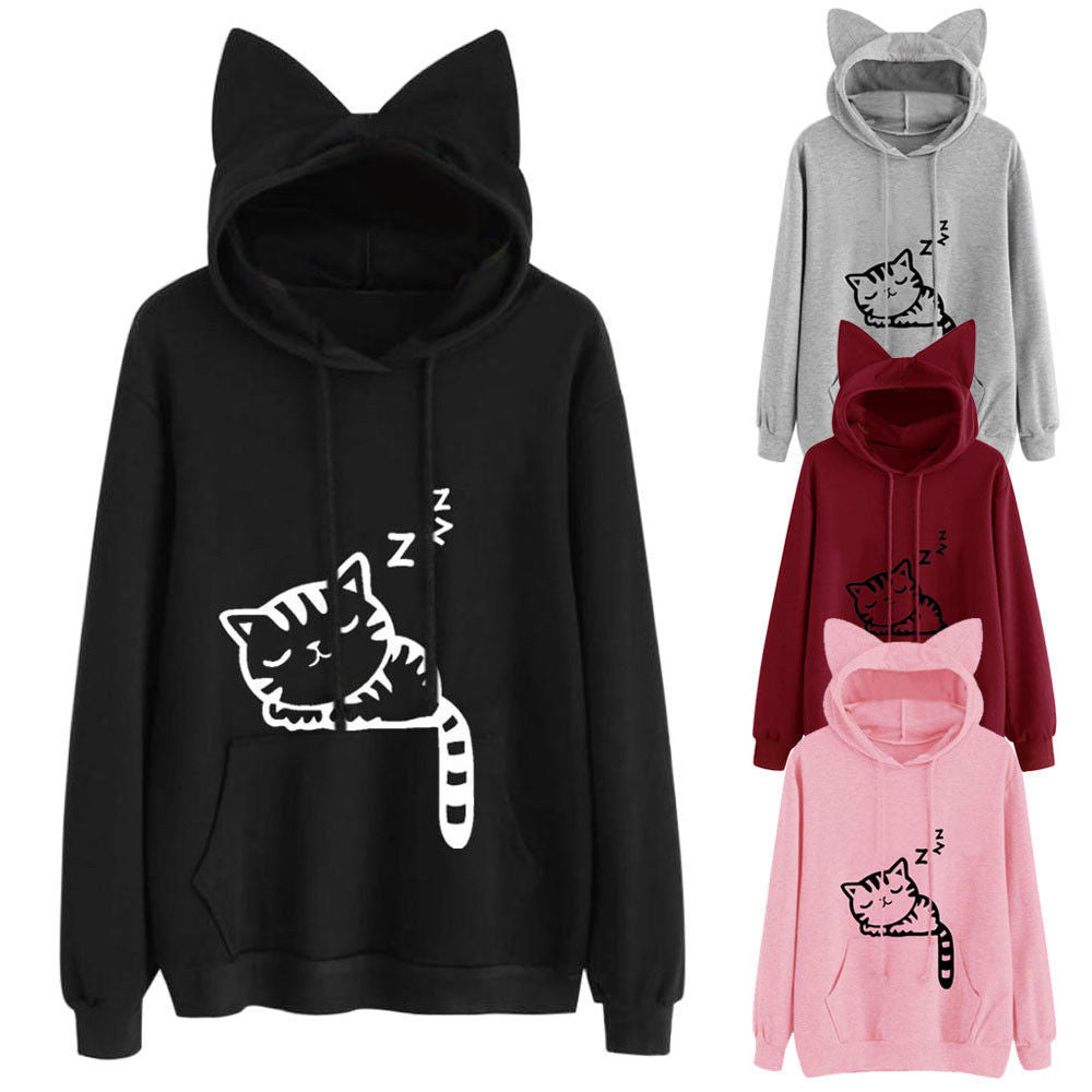 Womens Cat Ear Hoodie Oversized Graphic Pullover Sweatshirt