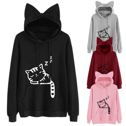 Womens Cat Ear Hoodie Oversized Graphic Pullover Sweatshirt