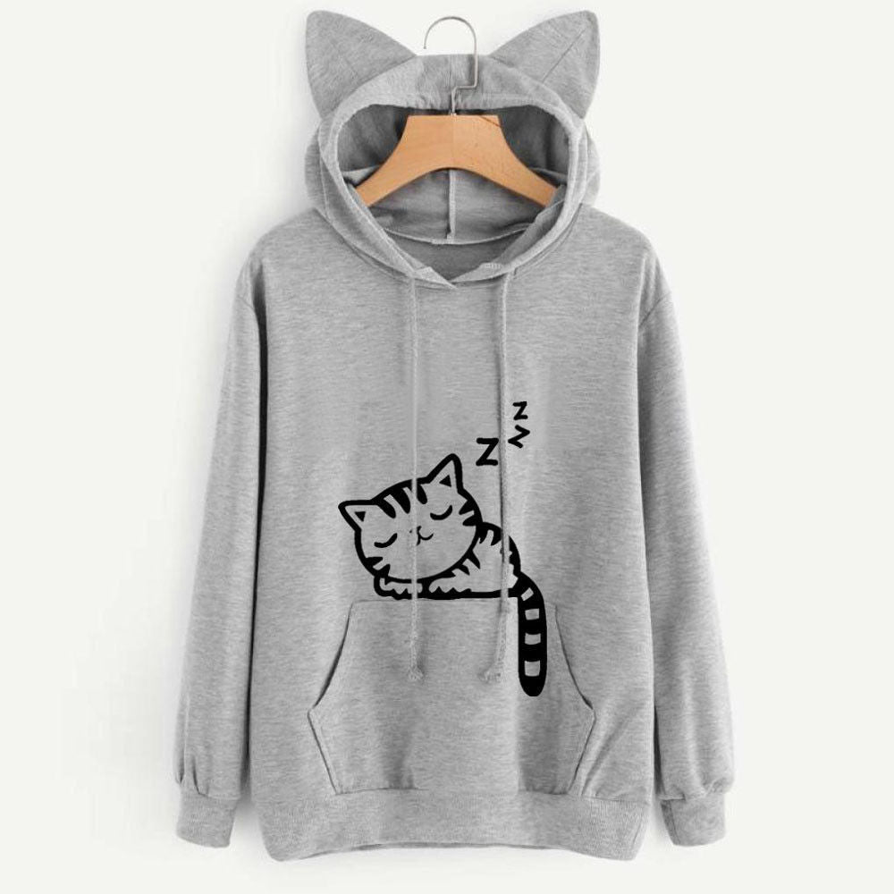 Womens Cat Ear Hoodie Oversized Graphic Pullover Sweatshirt