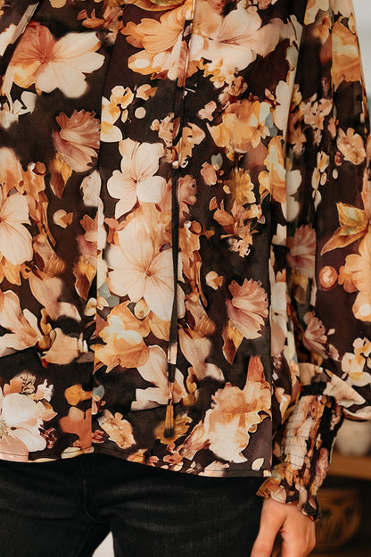 Black Floral Print V Neck Long Sleeve Smocked Cuff Blouse