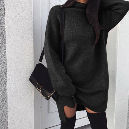 Oversized Turtleneck Fleece Dress Side Slit